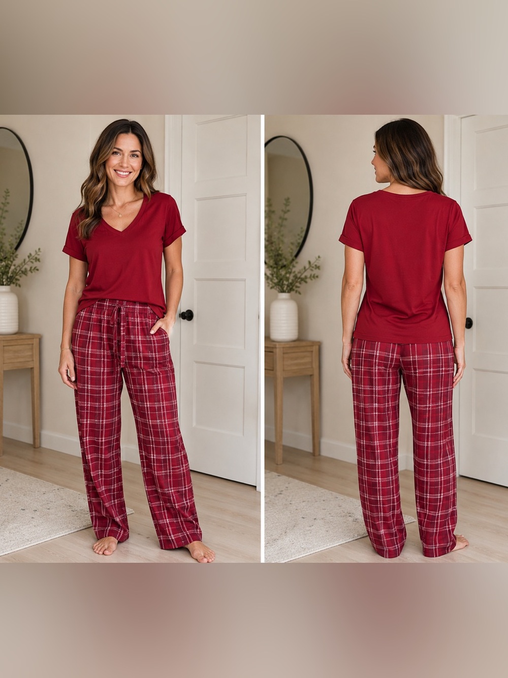 Women’s Burgundy Plaid Two-Piece V-Neck Lounge Set Size Small